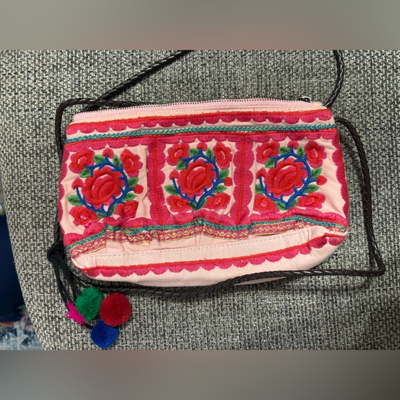 Handbags - Vintage Boho Floral Embroidered Crossbody w/ Pom Poms - Pink/floral